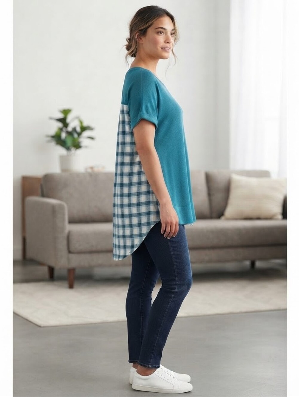 Falls Creek Teal Blue Plaid Back Short Sleeve Pocket Tee Size L